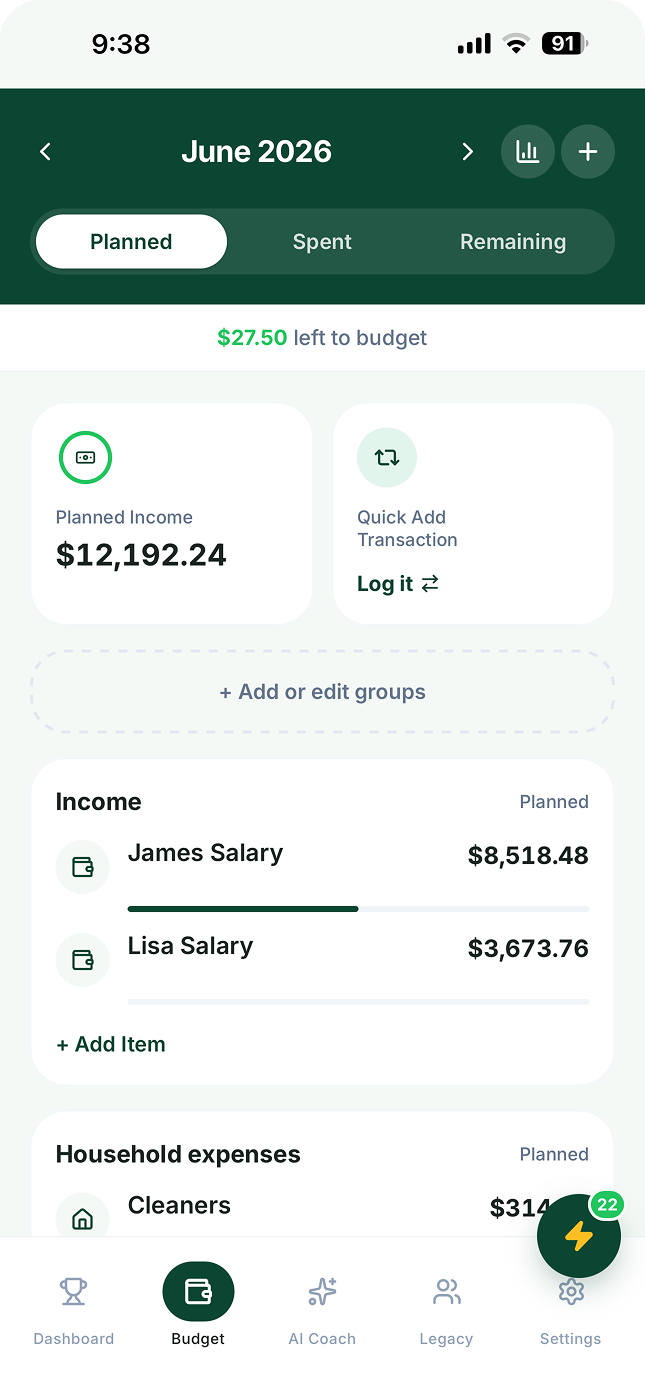 Zero-based monthly budget for June 2026